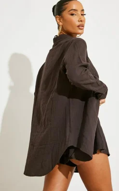 Dark Chocolate Soft Crinkle Oversized Beach Shirt Dress