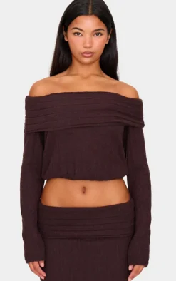 Dark Chocolate Soft Rib Off The Shoulder Long Sleeve Long Top