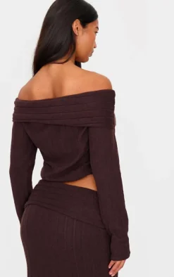 Dark Chocolate Soft Rib Off The Shoulder Long Sleeve Long Top