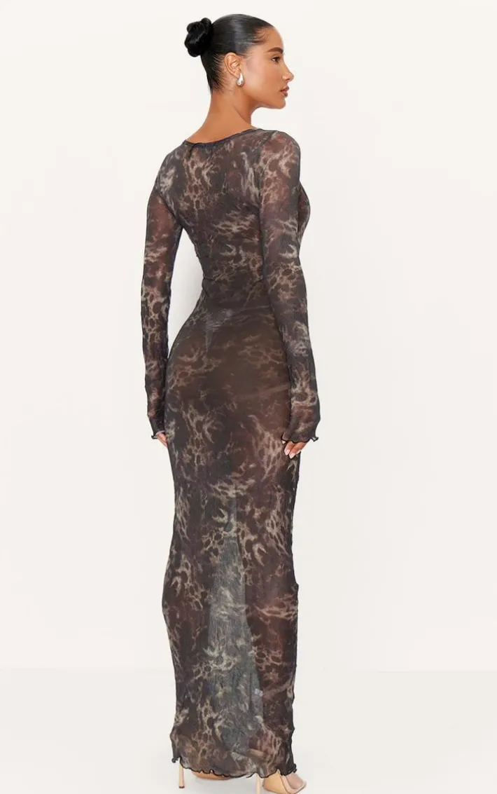 Dark Green Abstract Print Crinkle Mesh Maxi Dress