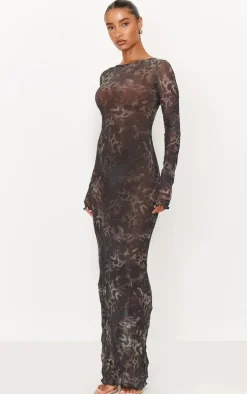 Dark Green Abstract Print Crinkle Mesh Maxi Dress