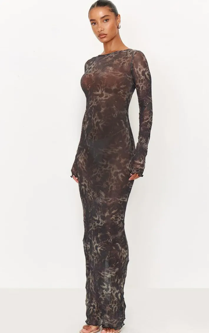 Dark Green Abstract Print Crinkle Mesh Maxi Dress