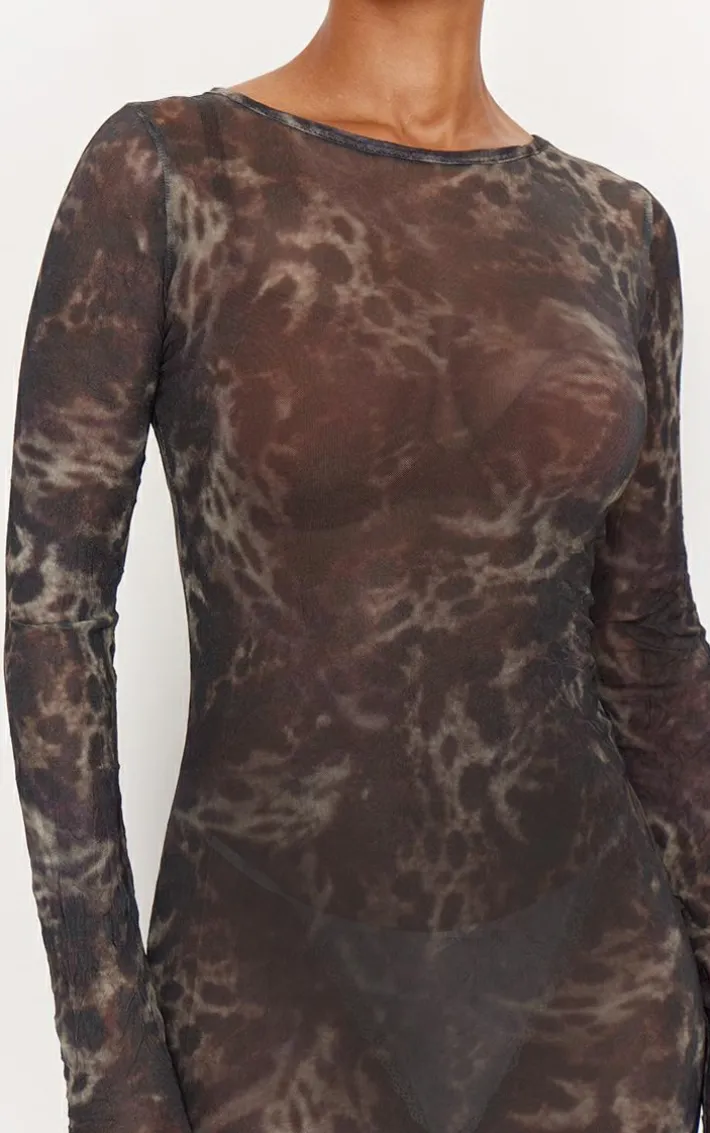 Dark Green Abstract Print Crinkle Mesh Maxi Dress