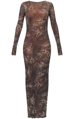 Dark Green Abstract Print Crinkle Mesh Maxi Dress