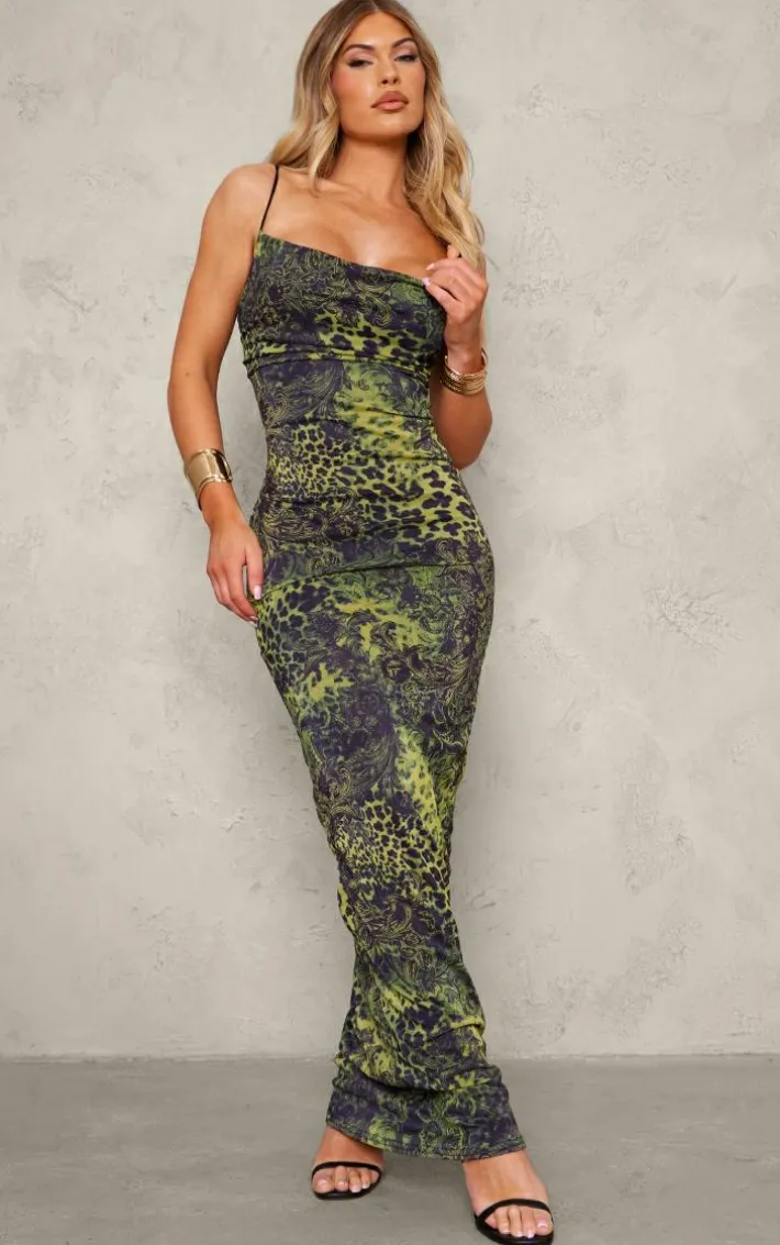 Dark Green Animal Printed Mesh Cowl Neck Maxi Dress