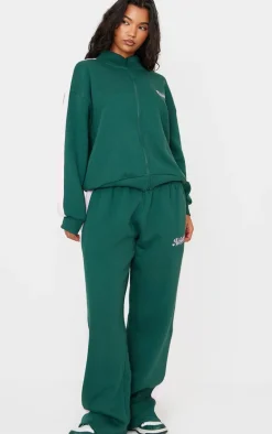 Dark Green Embroidered Athletics Contrast Panel Zip Through Sweatshirt
