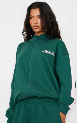 Dark Green Embroidered Athletics Contrast Panel Zip Through Sweatshirt