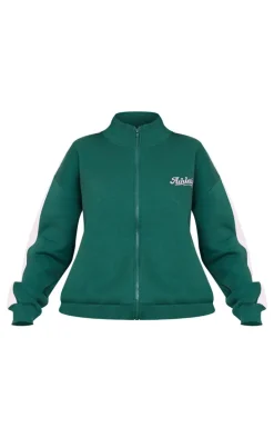 Dark Green Embroidered Athletics Contrast Panel Zip Through Sweatshirt