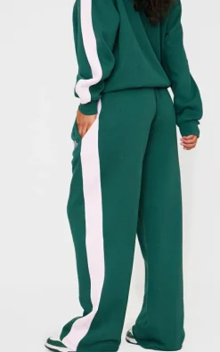 Dark Green Embroidered Athletics Contrast Panel Wide Leg Sweatpants