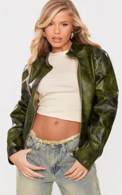Dark Green Faux Leather Washed Boxy Biker Jacket