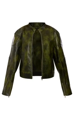 Dark Green Faux Leather Washed Boxy Biker Jacket