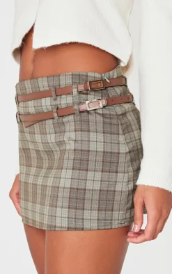 Dark Green Plaid Printed Double Belt Tailored Mini Skirt