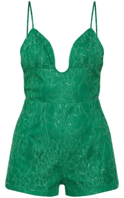 Dark Green Strappy Lace Sequin Romper
