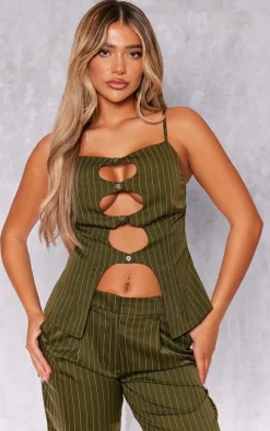 Dark Green Tailored Pinstripe Cut Out Button Detail Cami Top