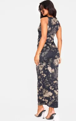 Dark Green Twist Shoulder Mesh Print Cap Sleeve Maxi Dress