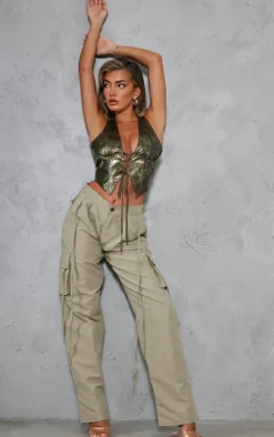 Dark Green Washed Faux Leather Lace Up Plunge Halterneck Top