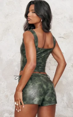 Dark Green Washed Faux Leather Lace Up Corset