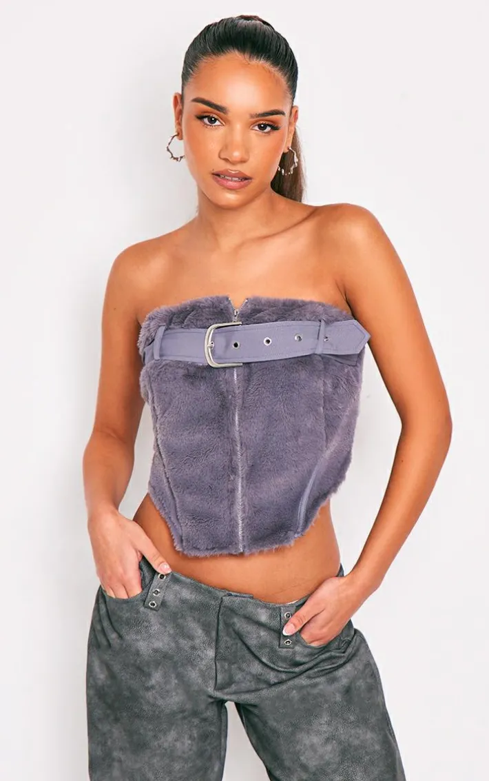 Dark Grey Fur Buckle Zip Detail Corset