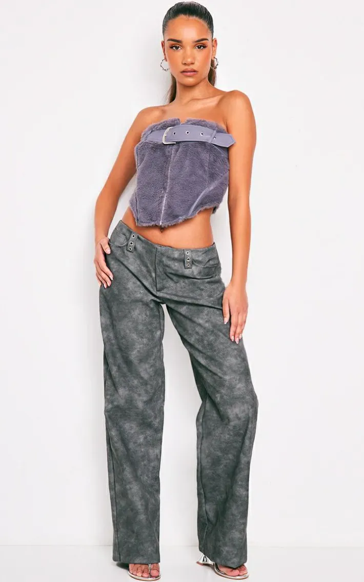 Dark Grey Fur Buckle Zip Detail Corset