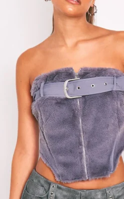 Dark Grey Fur Buckle Zip Detail Corset