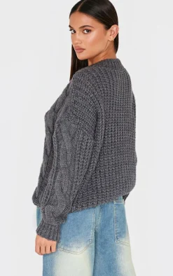 Dark Grey Marl Knit Distressed Detail Chunky Cable Sweater