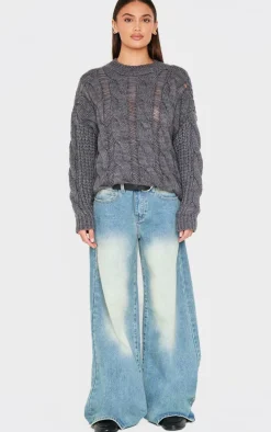 Dark Grey Marl Knit Distressed Detail Chunky Cable Sweater