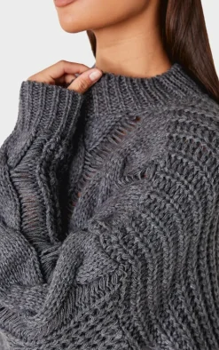 Dark Grey Marl Knit Distressed Detail Chunky Cable Sweater