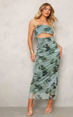 Dark Grey Printed Bandeau Cut Out Maxi Dress