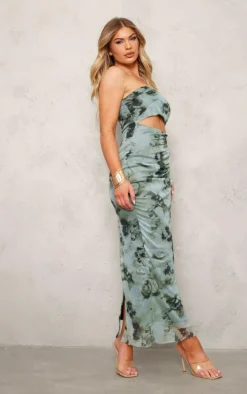 Dark Grey Printed Bandeau Cut Out Maxi Dress