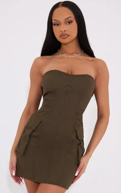 Dark Khaki Cargo Bandeau Binding Pocket Detail Bodycon Dress