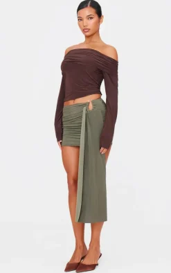 Dark Khaki Slinky Jersey Draped Mini Skirt