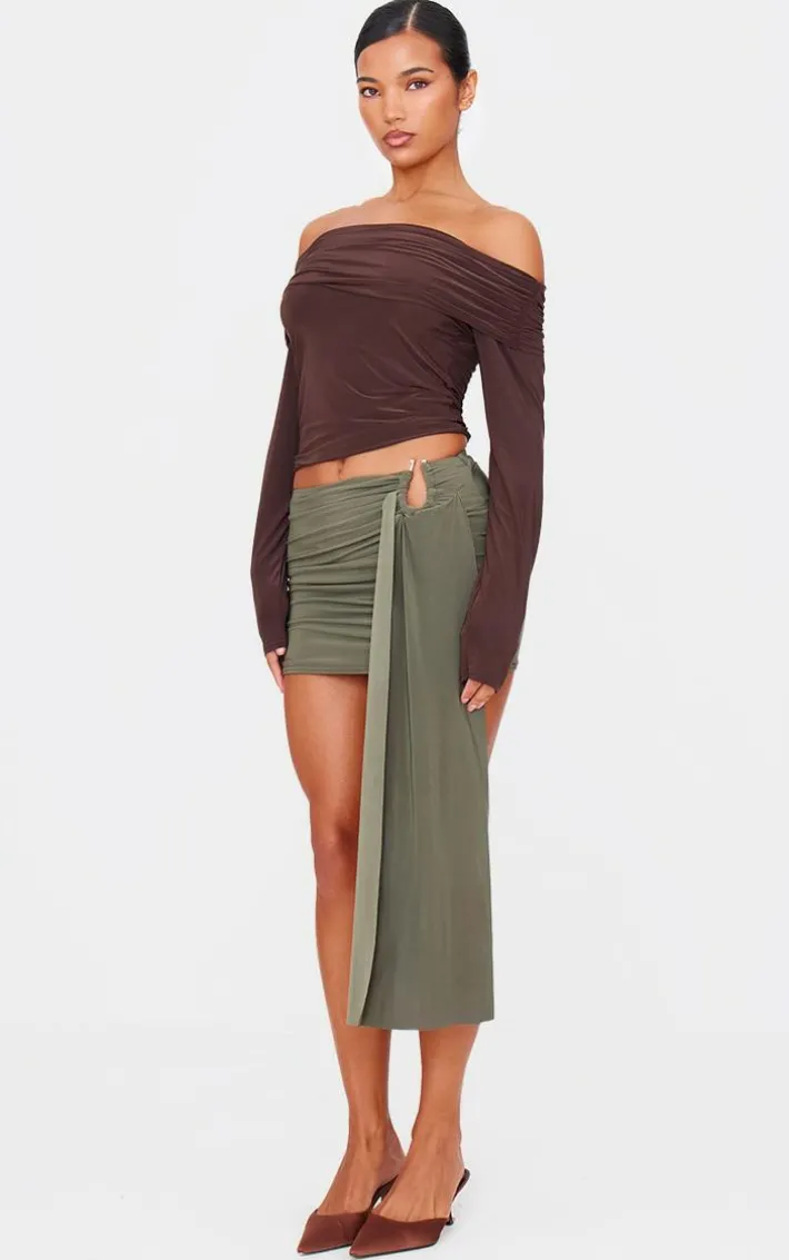 Dark Khaki Slinky Jersey Draped Mini Skirt