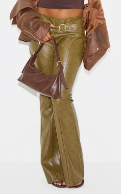 Dark Khaki Snake Print Faux Leather Low Rise Pants