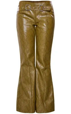 Dark Khaki Snake Print Faux Leather Low Rise Pants
