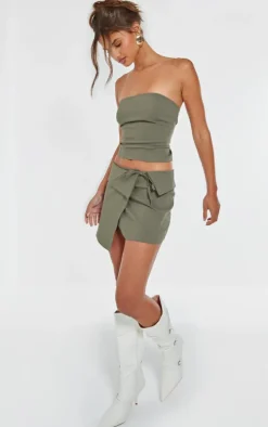 Dark Khaki Stretch Woven Foldover Tie Mini Skirt