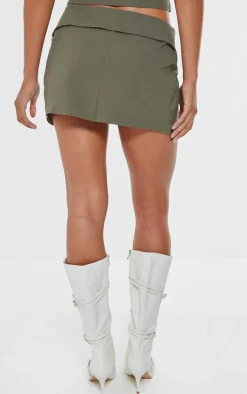 Dark Khaki Stretch Woven Foldover Tie Mini Skirt