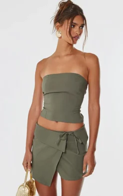 Dark Khaki Stretch Woven Foldover Tie Mini Skirt