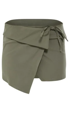 Dark Khaki Stretch Woven Foldover Tie Mini Skirt