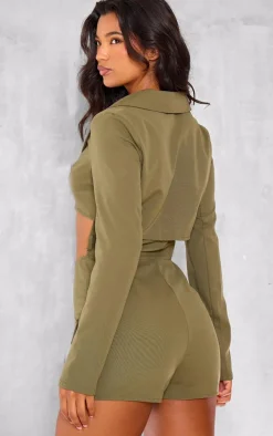 Dark Khaki Tailored Woven Long Sleeve Romper