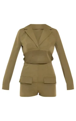 Dark Khaki Tailored Woven Long Sleeve Romper