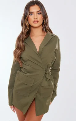 Dark Khaki Utility Pocket Detail Tie Cargo Dress