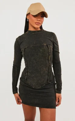 Dark Khaki Washed Rib Detail Long Sleeve Bodycon Dress