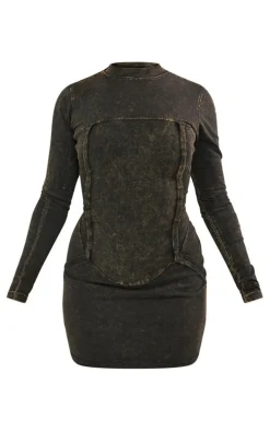 Dark Khaki Washed Rib Detail Long Sleeve Bodycon Dress