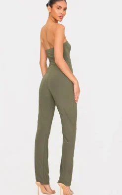 Dark Olive Double Layer Slinky Bandeau Straight Leg Jumpsuit