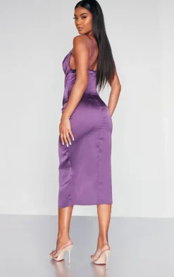 Dark Plum Strappy Satin Cowl Midi Dress