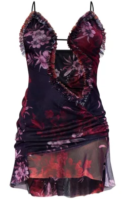 Dark Purple Floral Print Mesh Cut Out Frill Detail Ruched Bodycon Dress