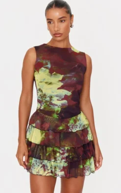 Dark Purple Floral Tiered Ruffle Crew Neck Mini Dress