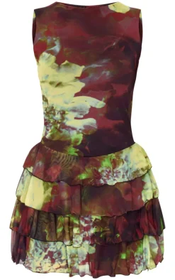 Dark Purple Floral Tiered Ruffle Crew Neck Mini Dress