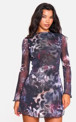 Dark Purple Mesh Long Sleeve Tie Back Shift Dress