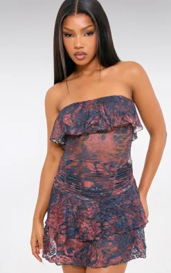 Dark Purple Print Crinkle Mesh Bandeau Ruffle Detail Mini Dress
